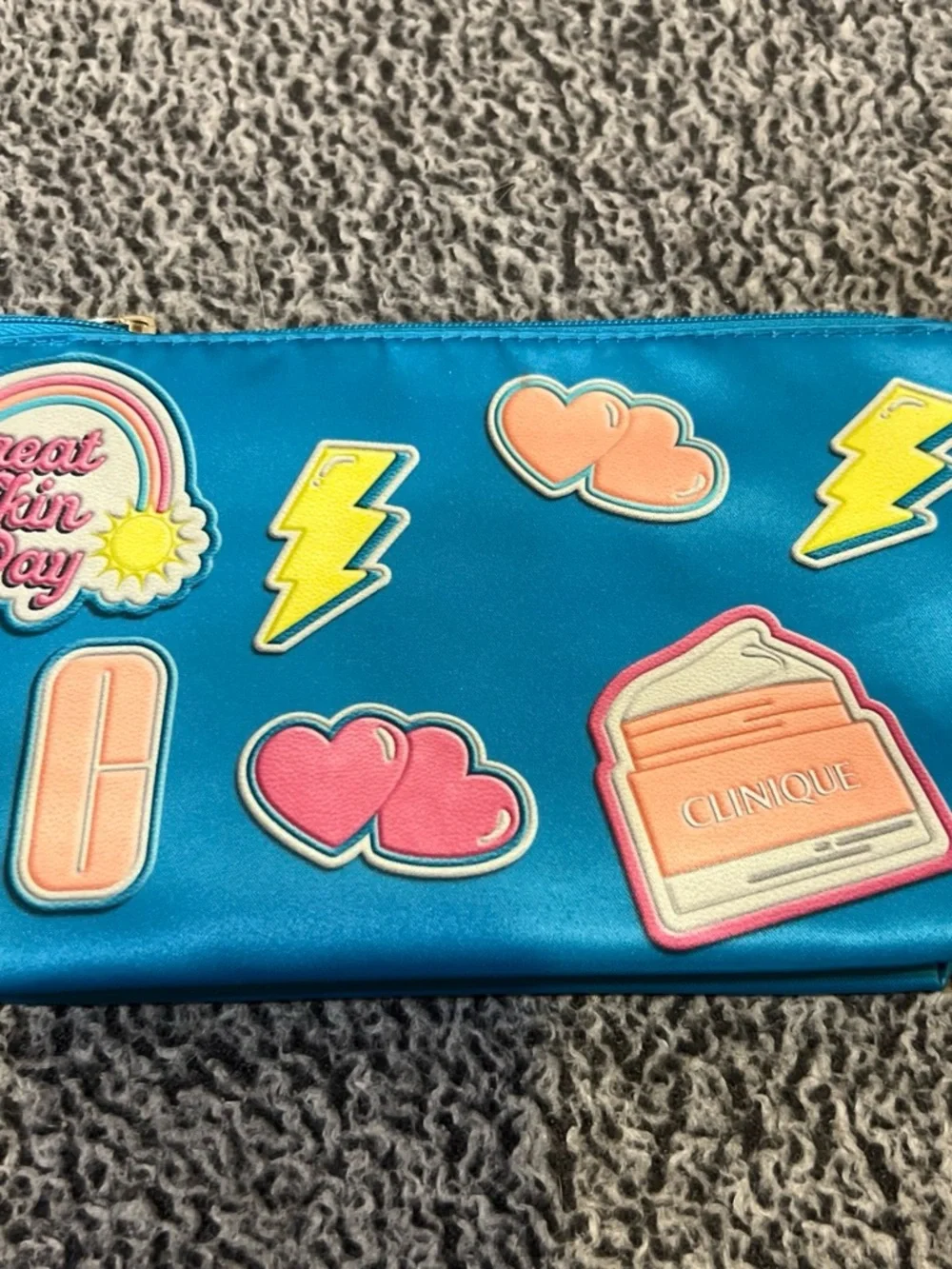 Ulta Teal and Aqua Sequin Checker + Clinique Blue Patch Cosmetic Pouches